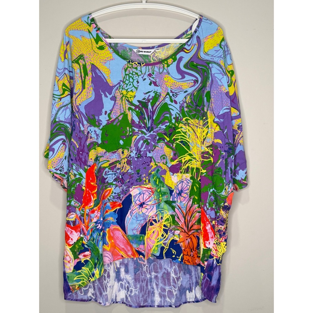 Jams World XL Rayon Top Multicolor Tropical Floral High Low Hawaii Boho Y2K
